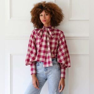 MILLE gigi long sleeve tight neck, blouse top in raspberry plaid size XS